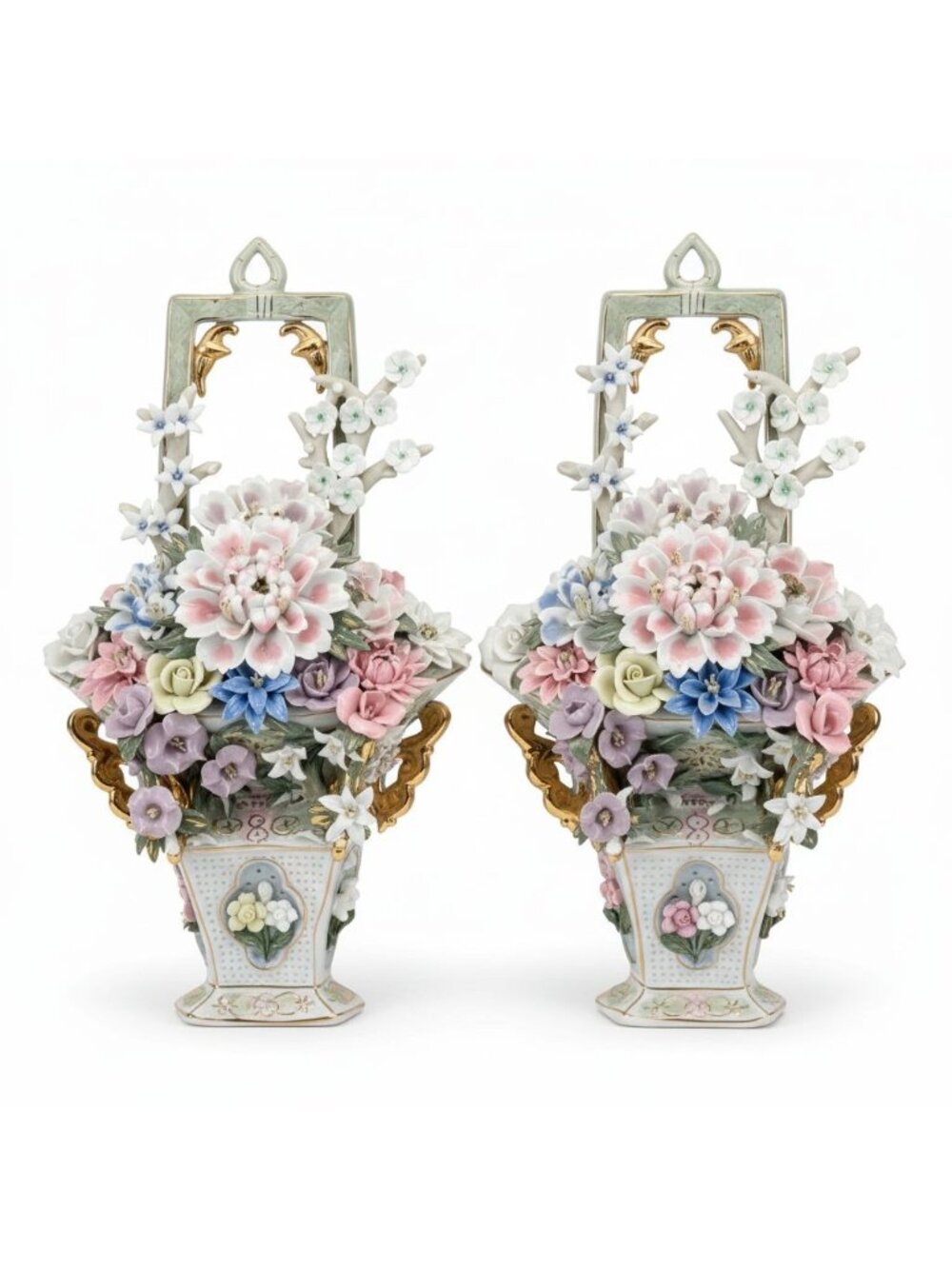 Capodimonte Dresden Style 15" Vintage Porcelain Wall Flower Baskets Sculptures